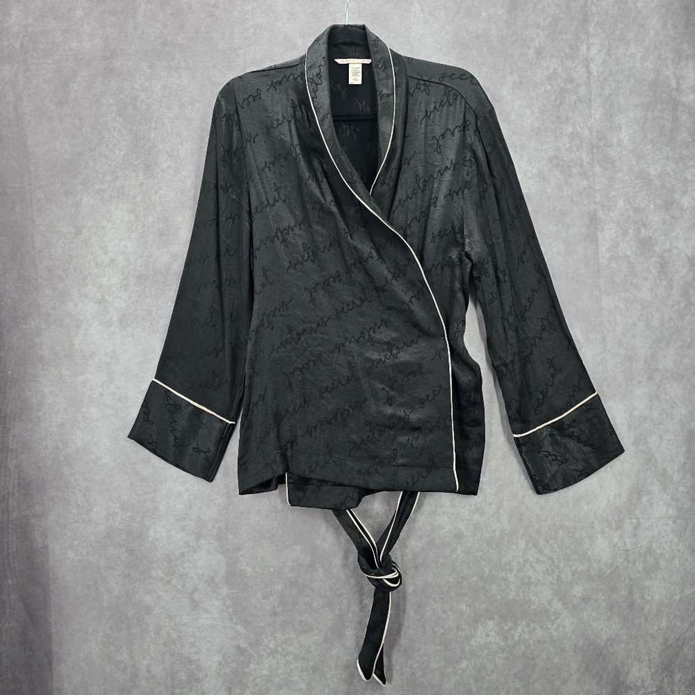 Victoria's Secrets‎ Black Wrap Pajama Top Sleep Logo Tie White Trim L Large
